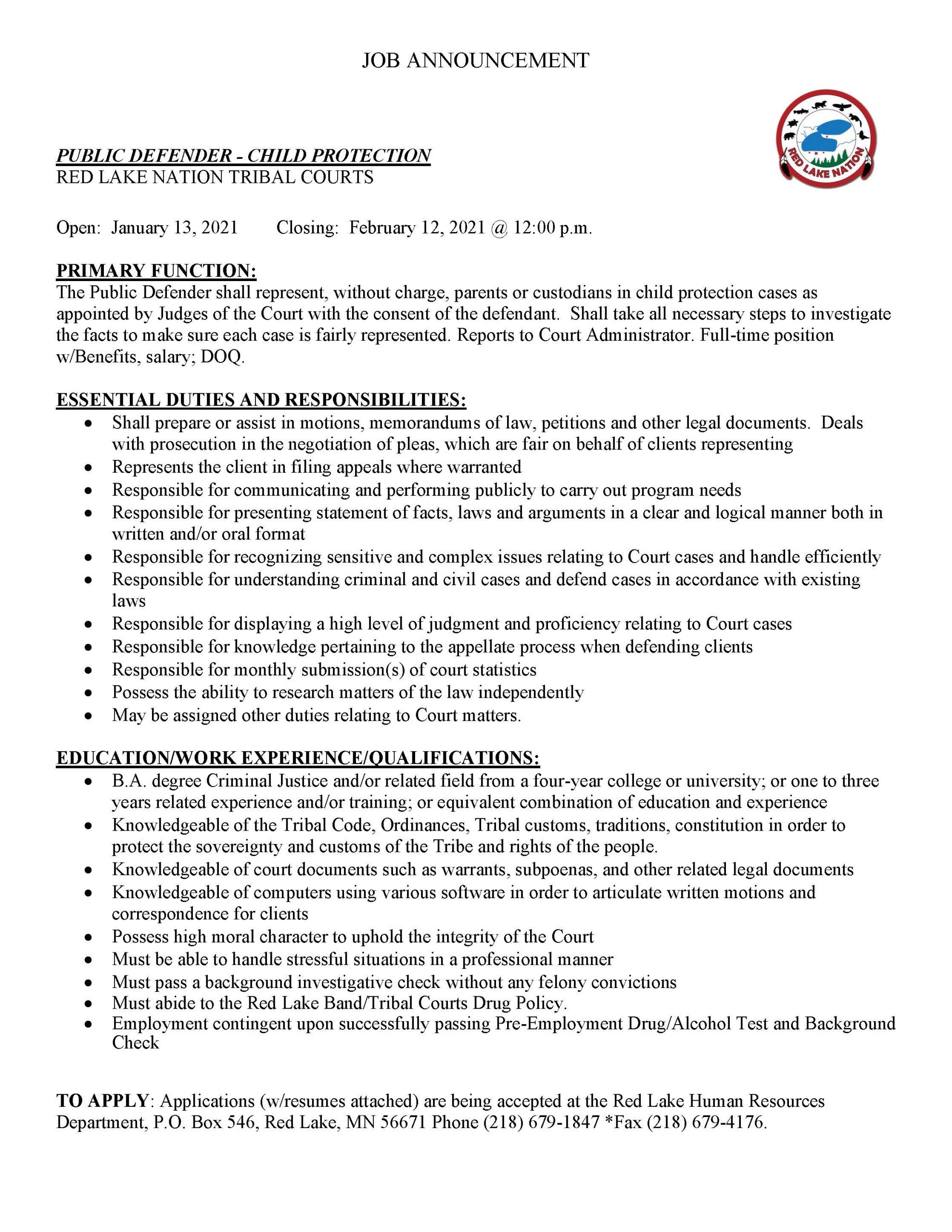 Public Defender Child Protection Red Lake Nation Tribal Courts Red Lake Nation