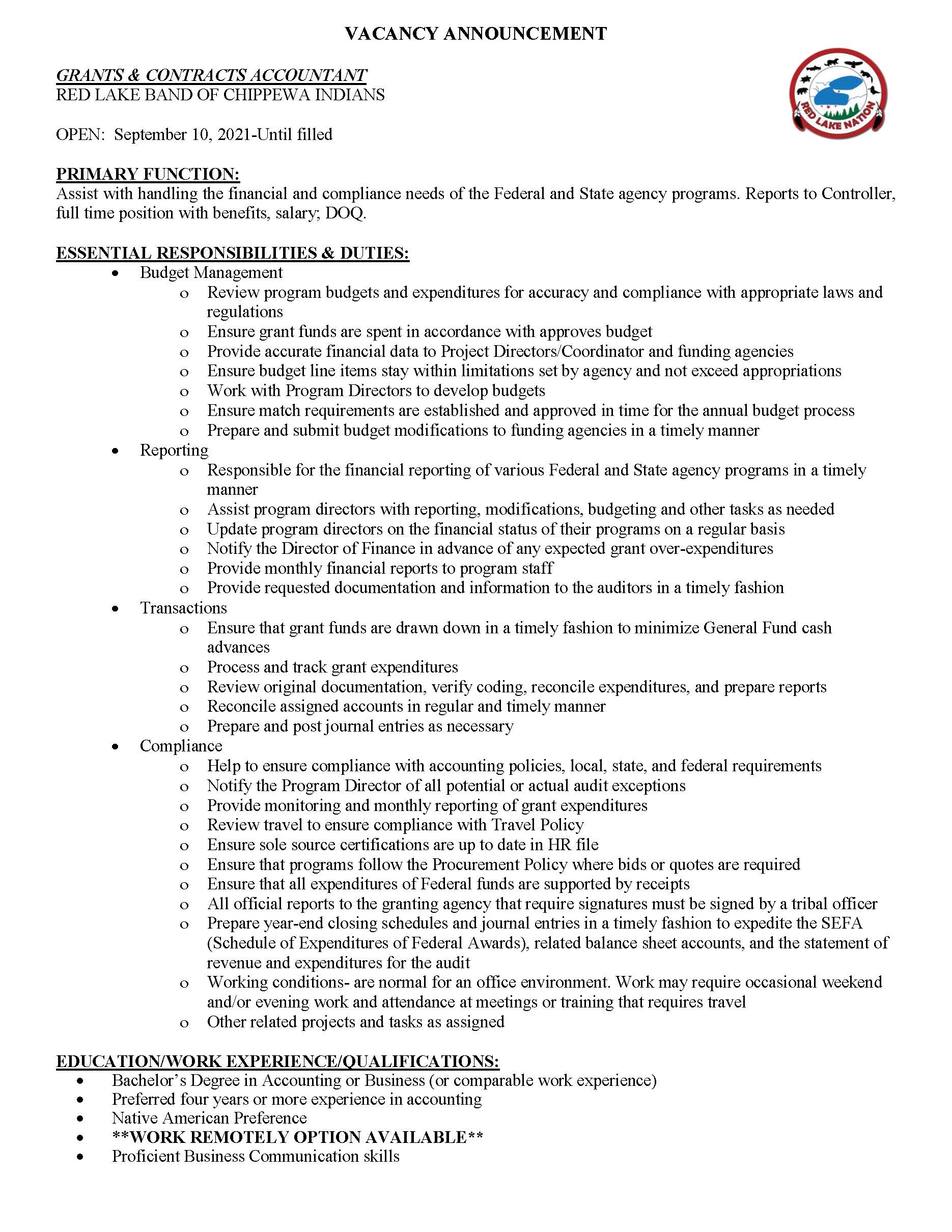 Grants & Contracts Accountant - Red Lake Nation