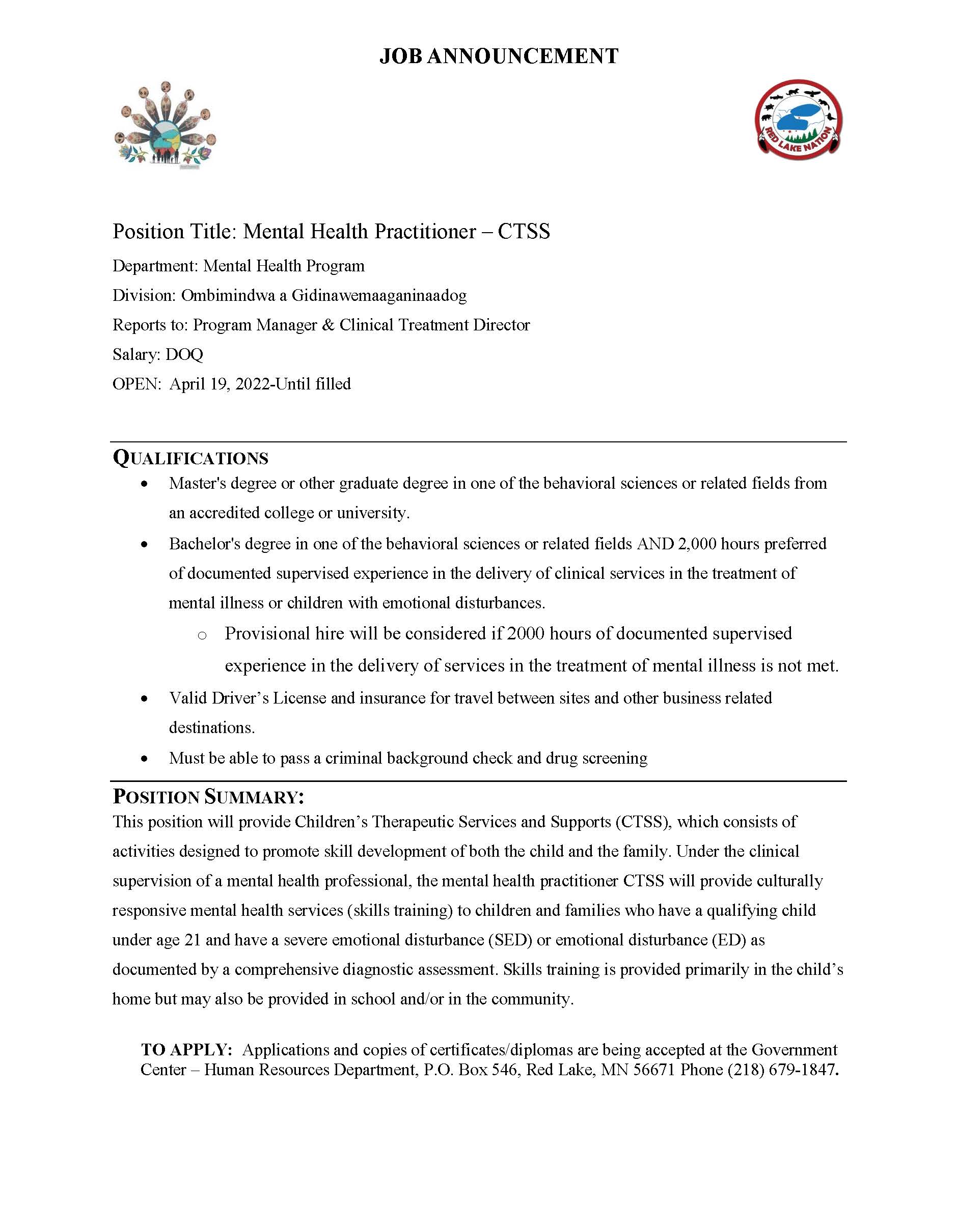 Mental Health Practitioner CTSS-Family Children Services Job Posting 4-19-2022