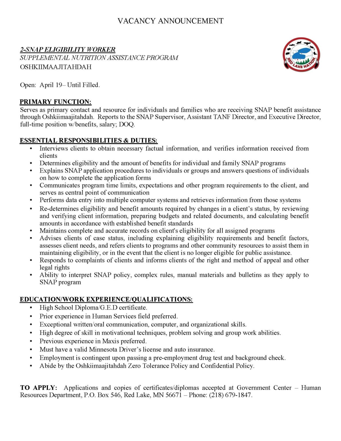 Snap Eligibility Workers Red Lake Nation