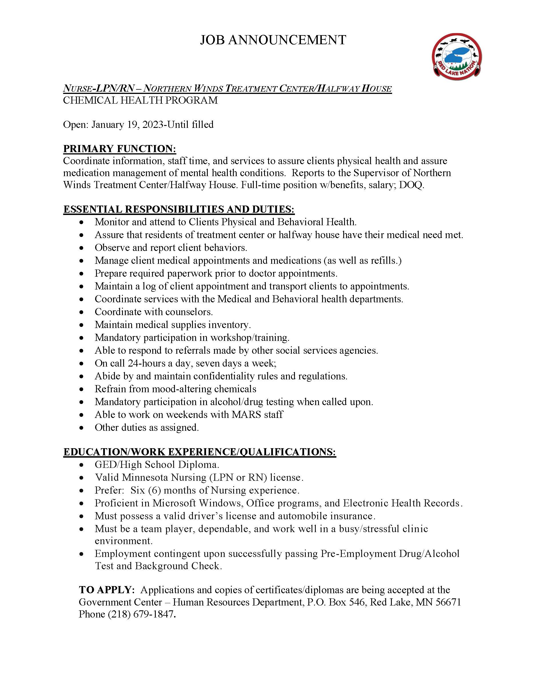 Nurse LPN RN-NWTC-Chemcial Health Program-Job Posting 1-19-23